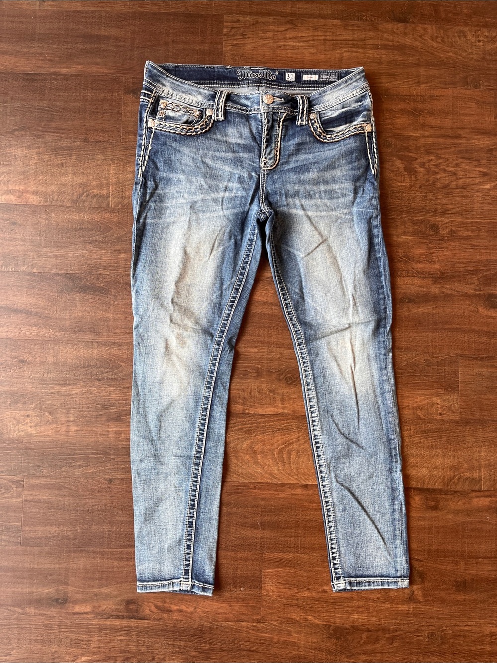 Miss Me Skinny Jeans Womens 31 Blue Denim Medium Wash Embellished Flap Pocket
